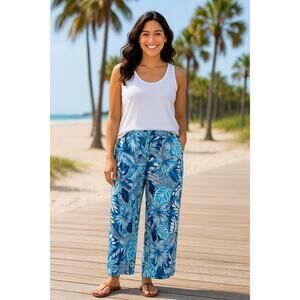 Karen Kane Wide Leg Pants Size L Blue Tropical Leaf Print Elastic Waist Pockets